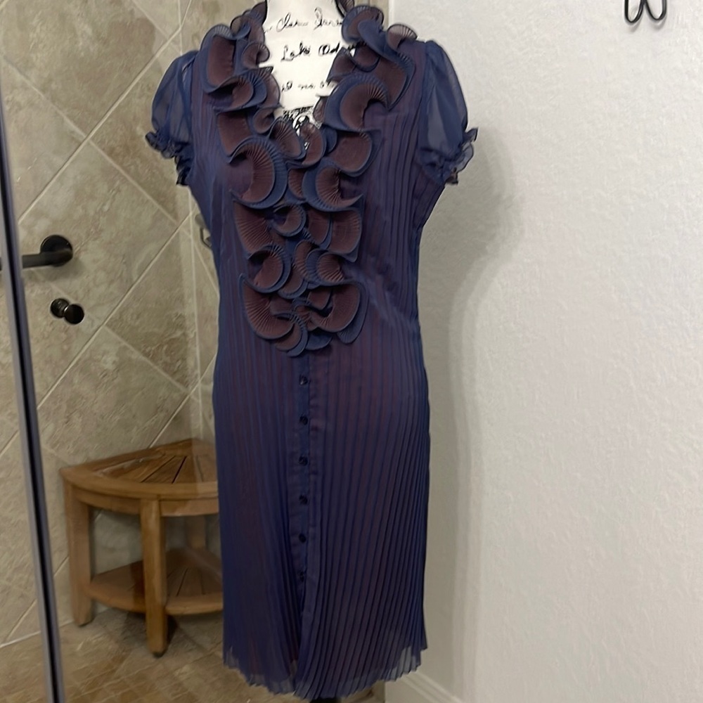 Ruffled Navy Midi Dress with Pleated Front